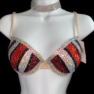 Crystal Rhinestone Pinstripe Glam Bling Red Tones Bra Top All Sizes New